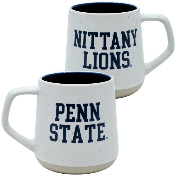 speckled white mug with Penn State on one side, Nittany Lions on other